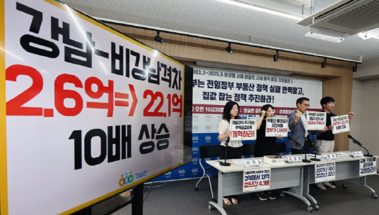 2003.2~2025.5 정권별 서울 아파트 시세 분석 결과 발표 기자회견에서 참석자들이 구호를 외치고 있다. [연합뉴스]